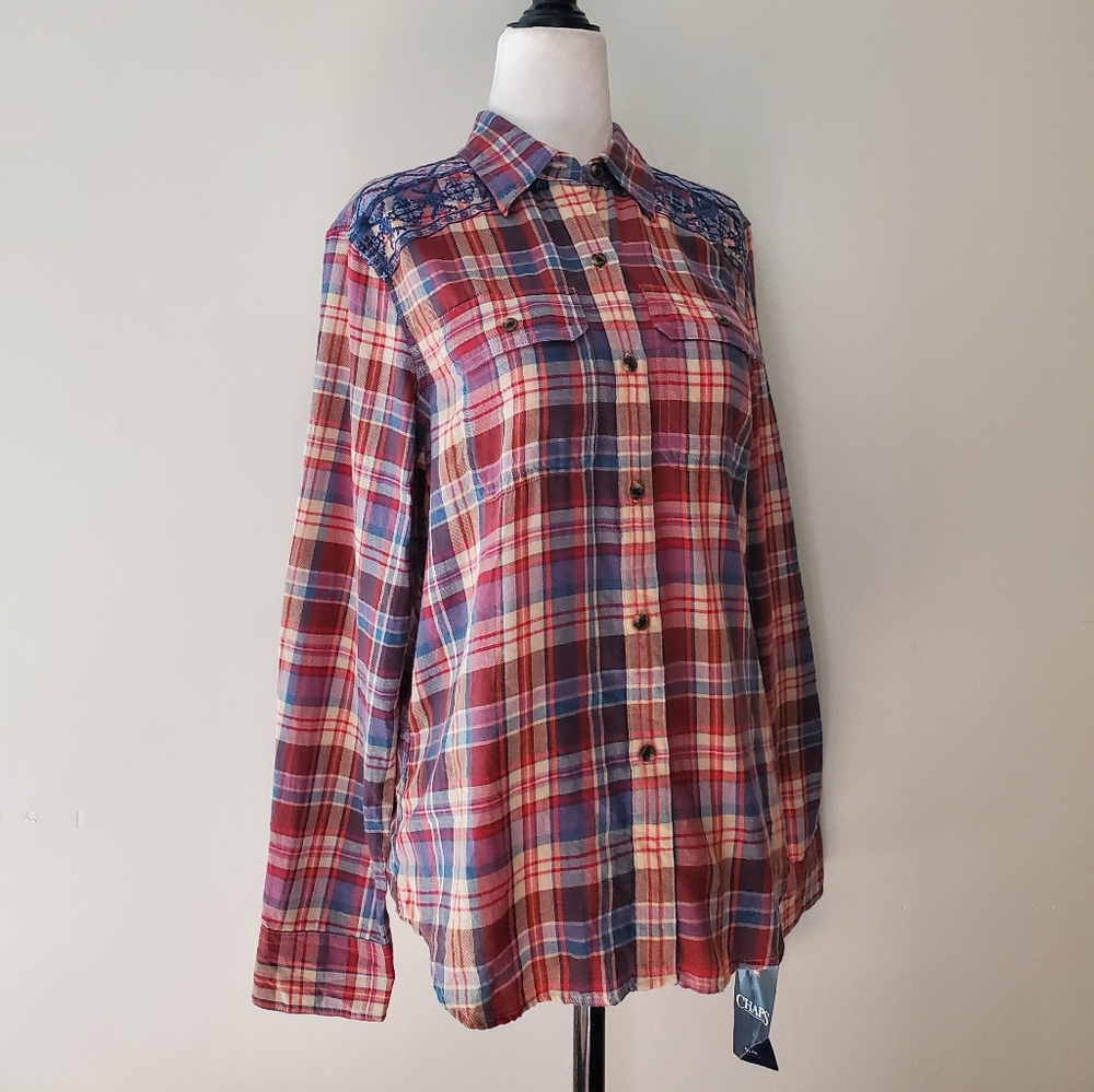 Chaps Petite Embroidered Plaid Button Down Shirt